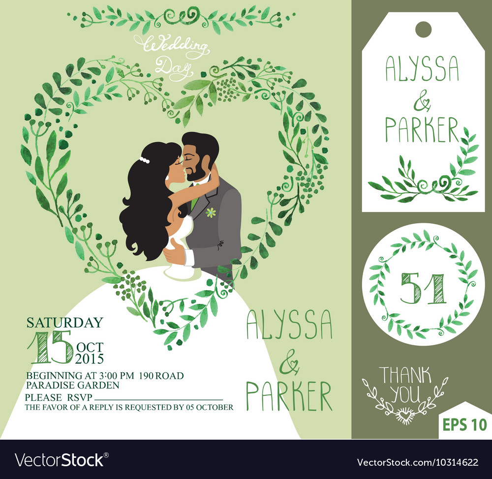 Wedding invitationgreen branches heart kissing