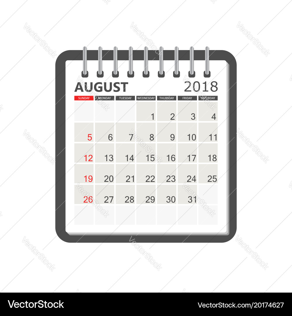August 2018 calendar notebook page Royalty Free Vector Image
