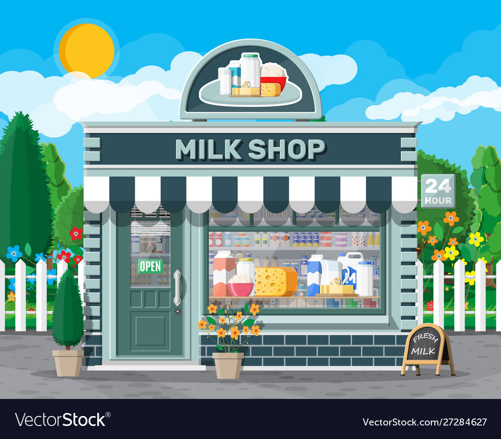 Dairy store or milk shop with signboard awning Vector Image