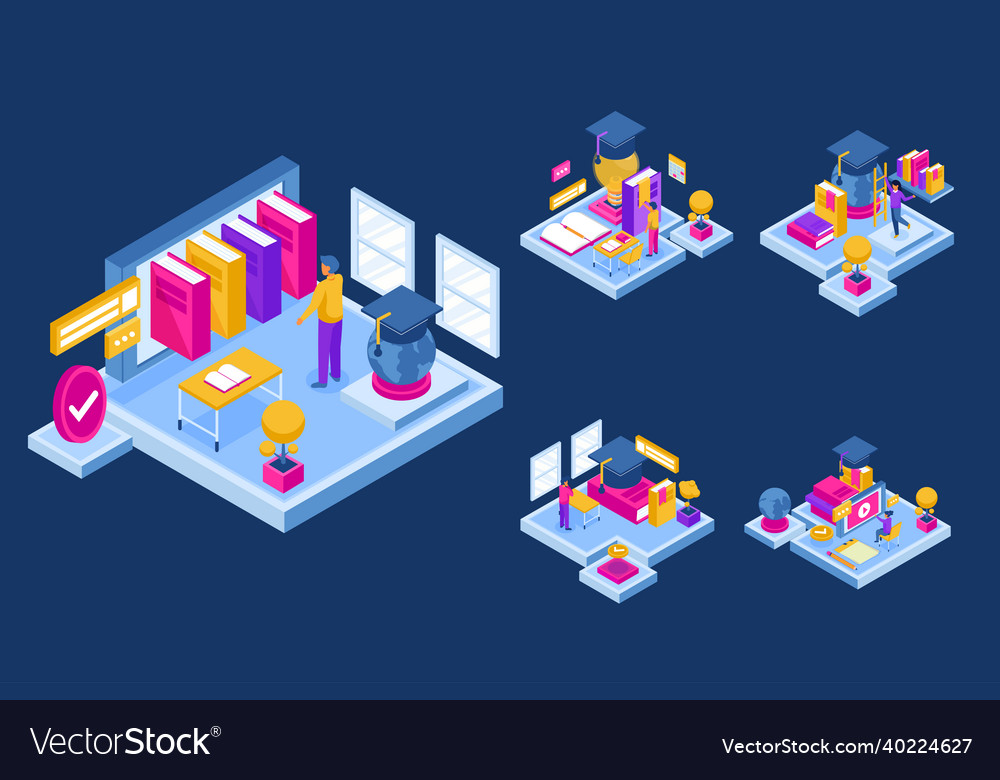 Isometic people learning online cartoon character vector image Isometic people learning online cartoon character