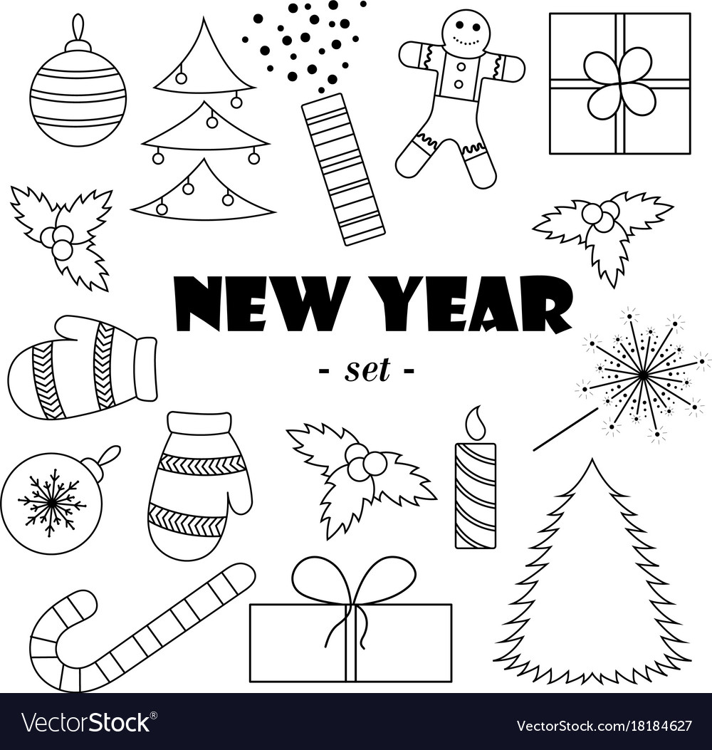 Set of black-and-white new years elementswhite