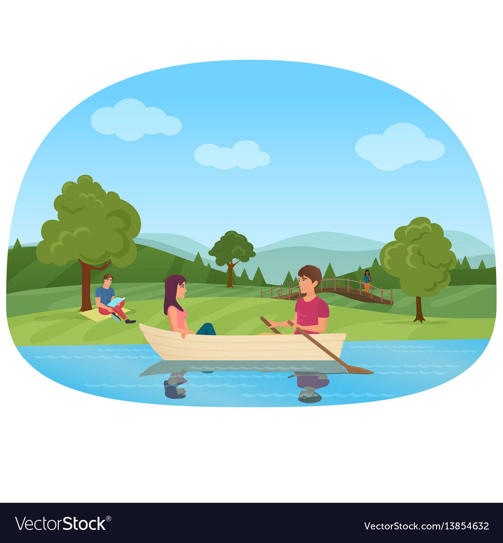 A Couple Swimming On Boat In The Pond In The Park Vector Image