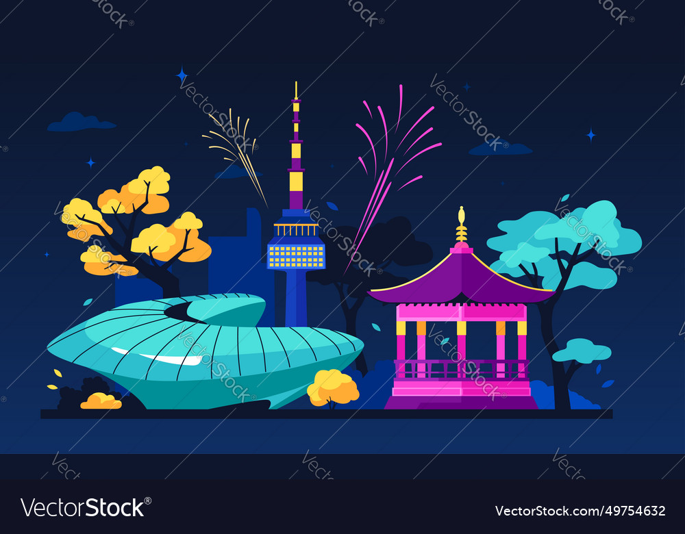 Bright nights in south korea - modern colored Vector Image