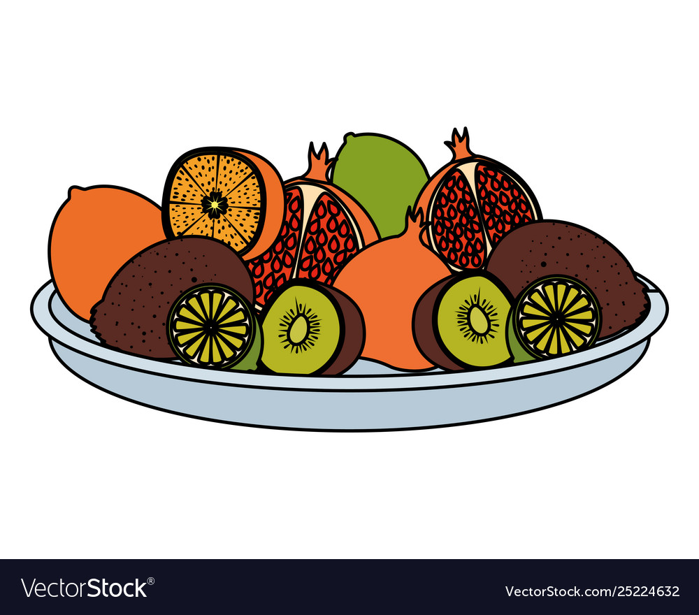 Dish with group tropical and fresh fruits