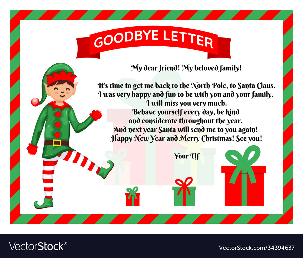 Christmas elf goodbye letter with gift Royalty Free Vector