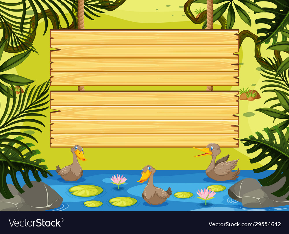 Wooden sign template with ducks in river