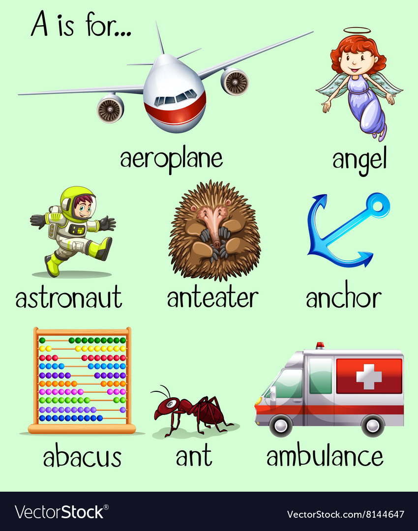 Poster of many words begins with letter A Vector Image