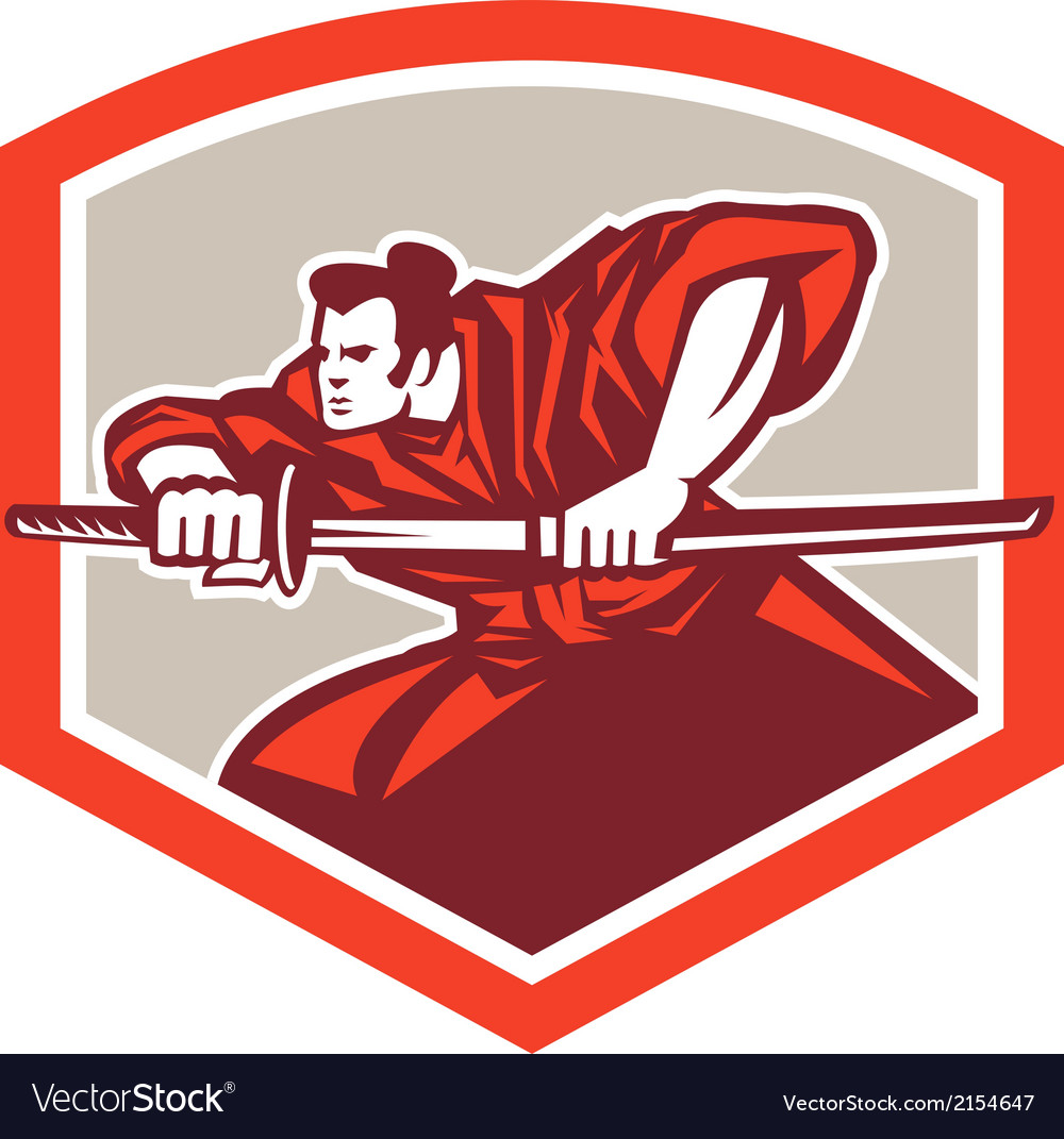 Samurai warrior drawing katana sword shield Vector Image