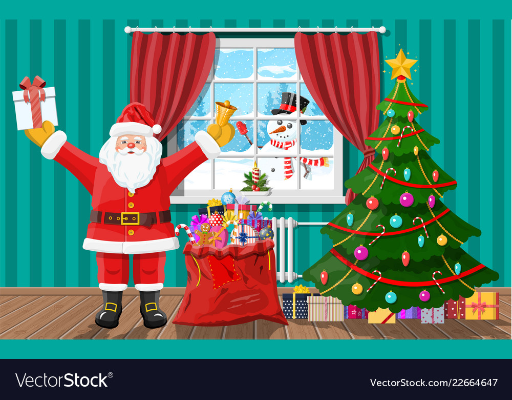 Santa in room with christmas tree and gifts