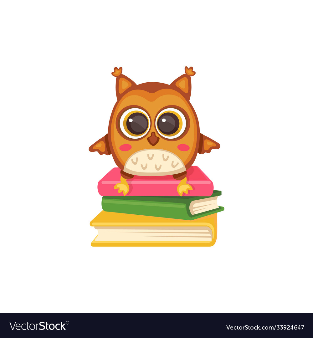 Wise and cute school owl on stack books flat