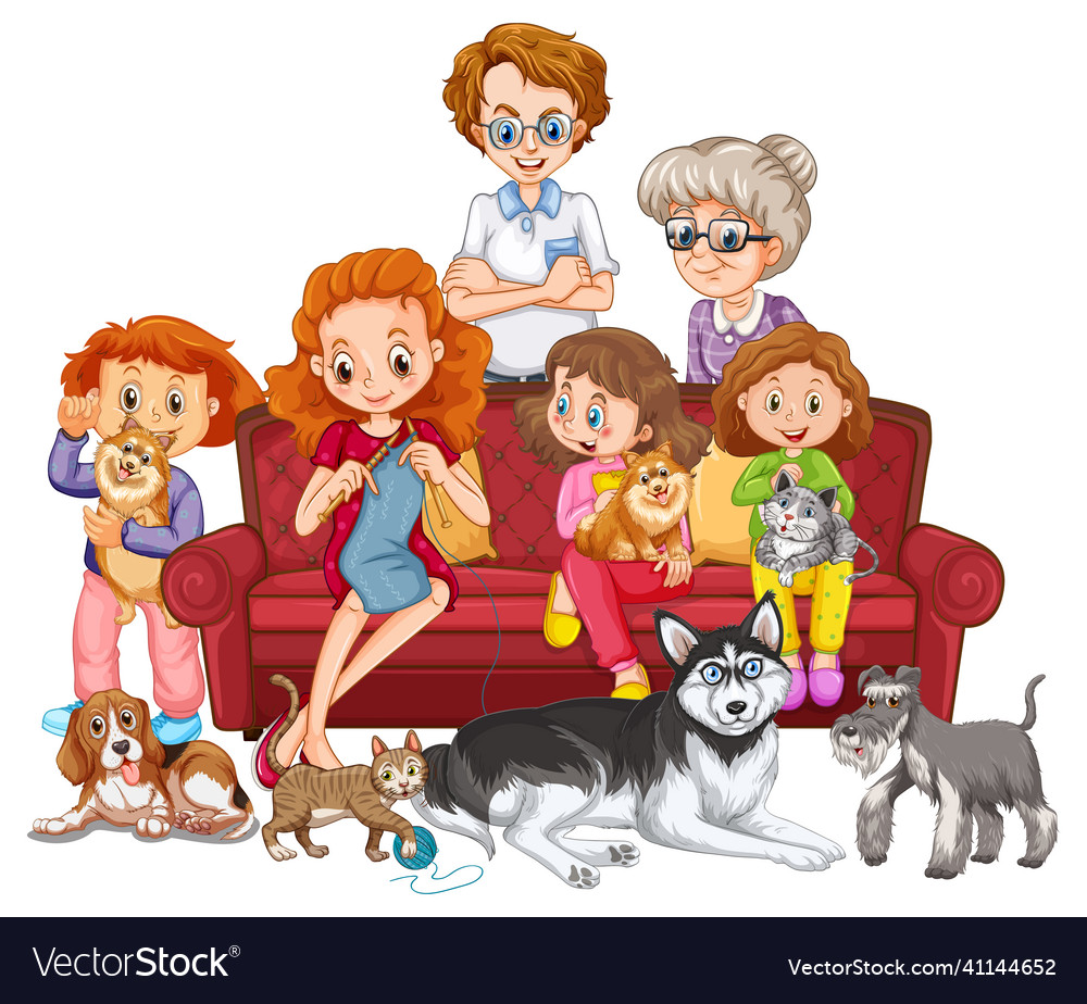 Big family members with many dogs Royalty Free Vector Image