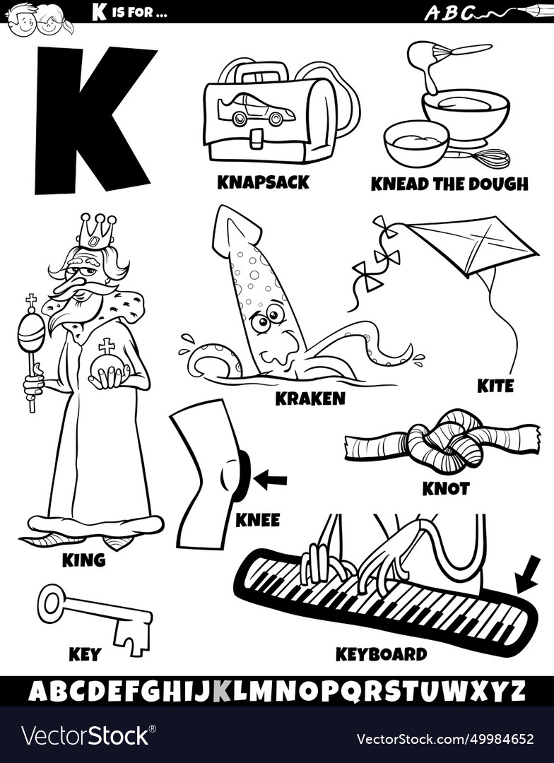 Letter k set with cartoon objects and characters Vector Image