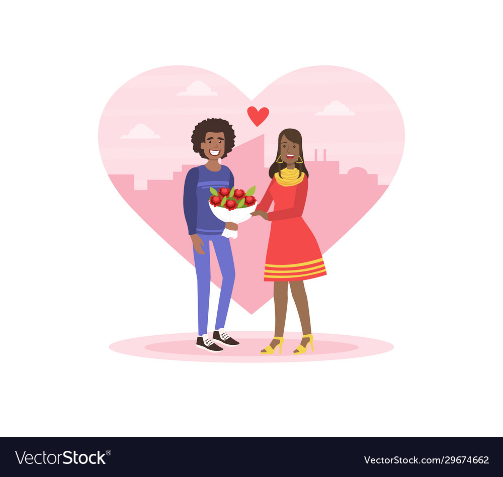 Young man giving bouquet flowers to smiling Vector Image