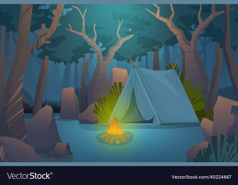 Scene nigth camping at nature forest Royalty Free Vector