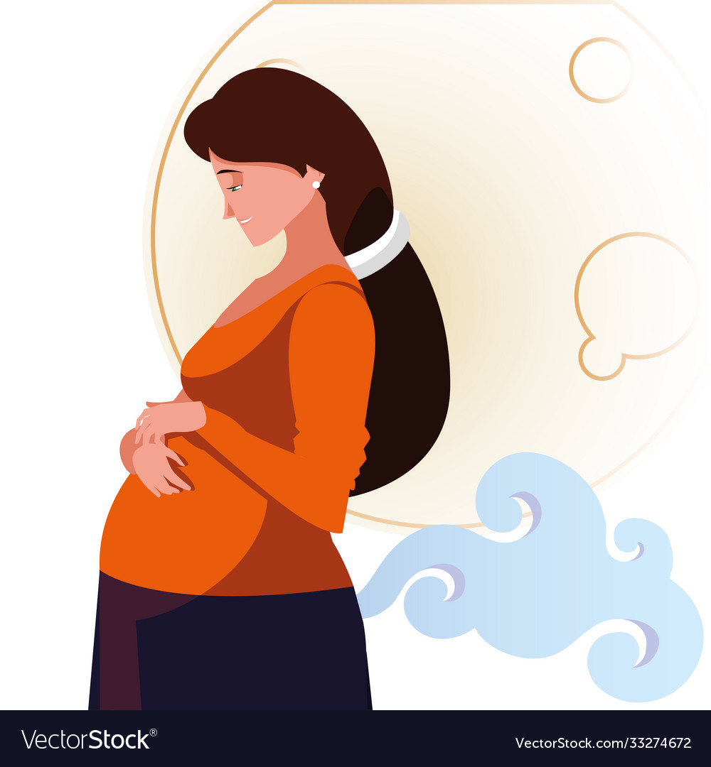 Pregnant woman cartoon with moon and cloud Vector Image