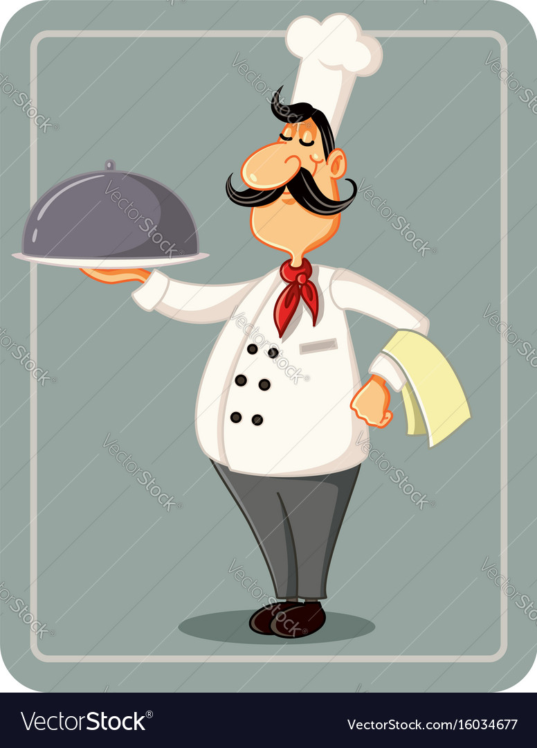 Cartoon chef holding a silver platter illus Vector Image