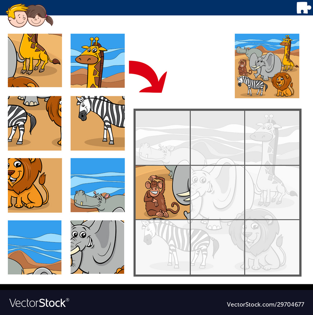 Jigsaw puzzle game with wild animal characters Vector Image