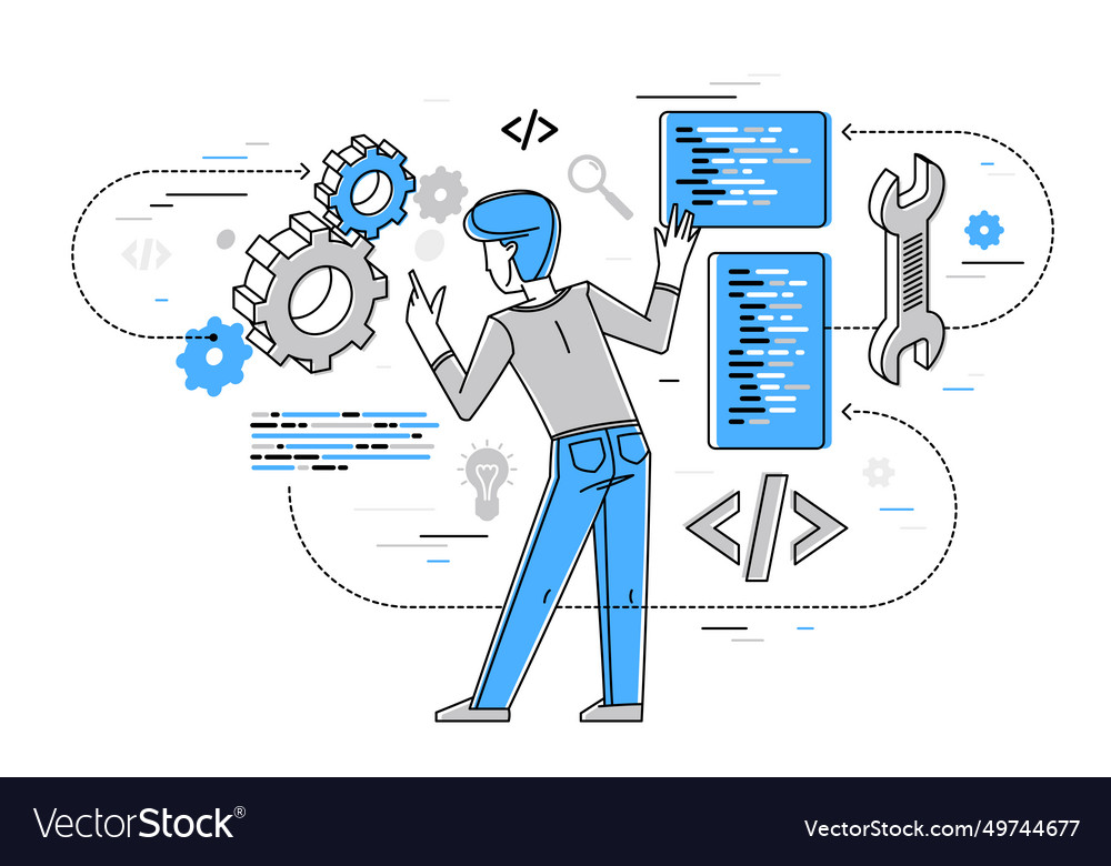 Programmer is coding and repairing some machine vector image Programmer is coding and repairing some machine