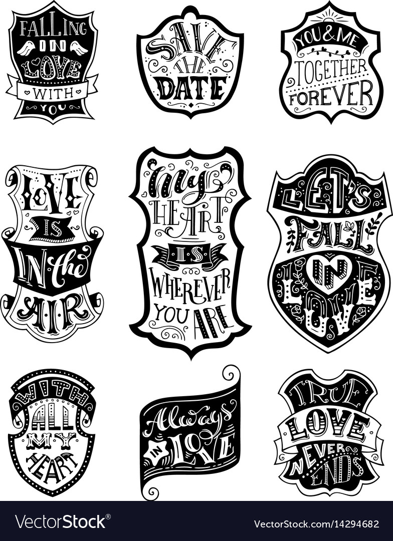 Set of handwritten love lettering in badges