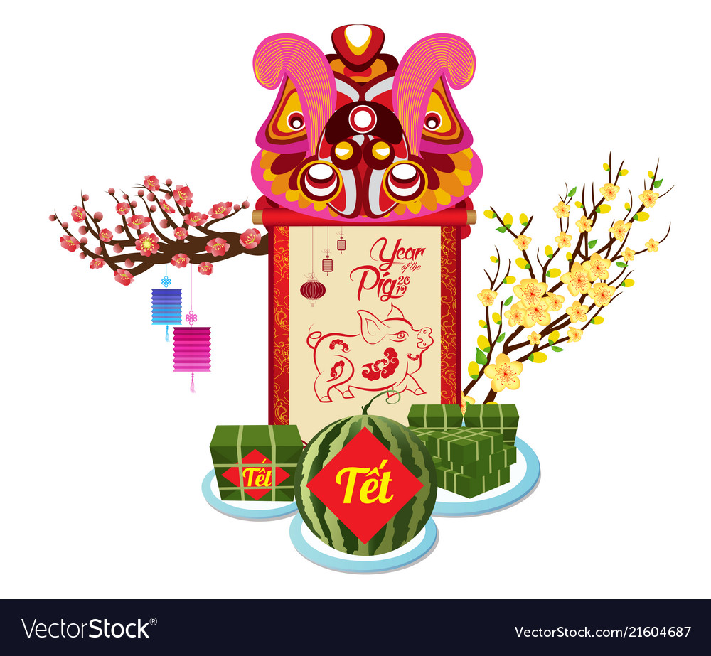 Cooked square glutinous rice cake and blossom vector image Cooked square glutinous rice cake and blossom