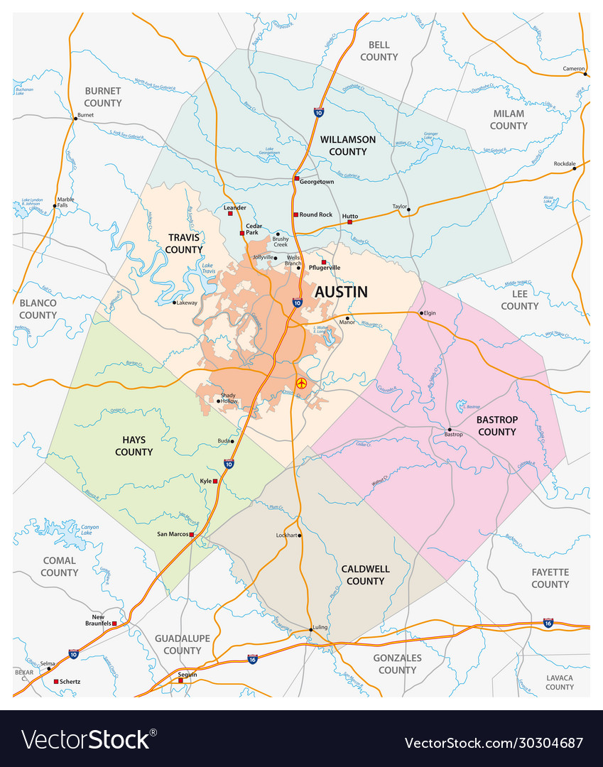 Austin Metropolitan Area Map Road And Administrative Map Greater Austin Vector Image