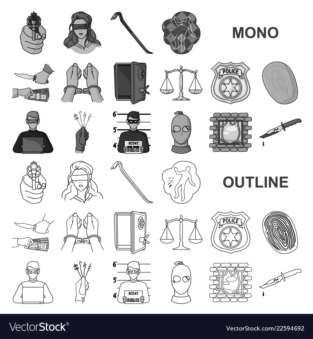 Crime and punishment monochrom icons in set