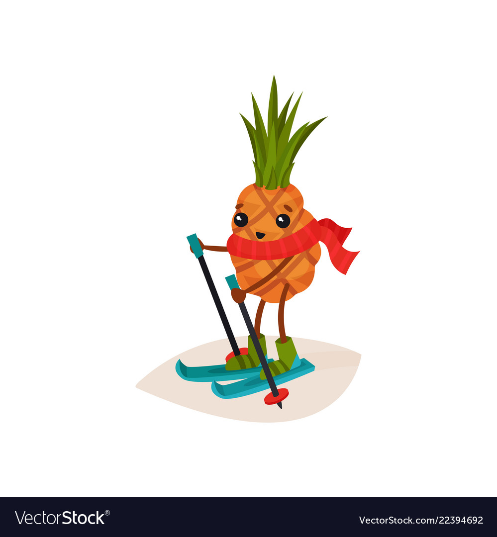 Happy pineapple on skis cartoon character