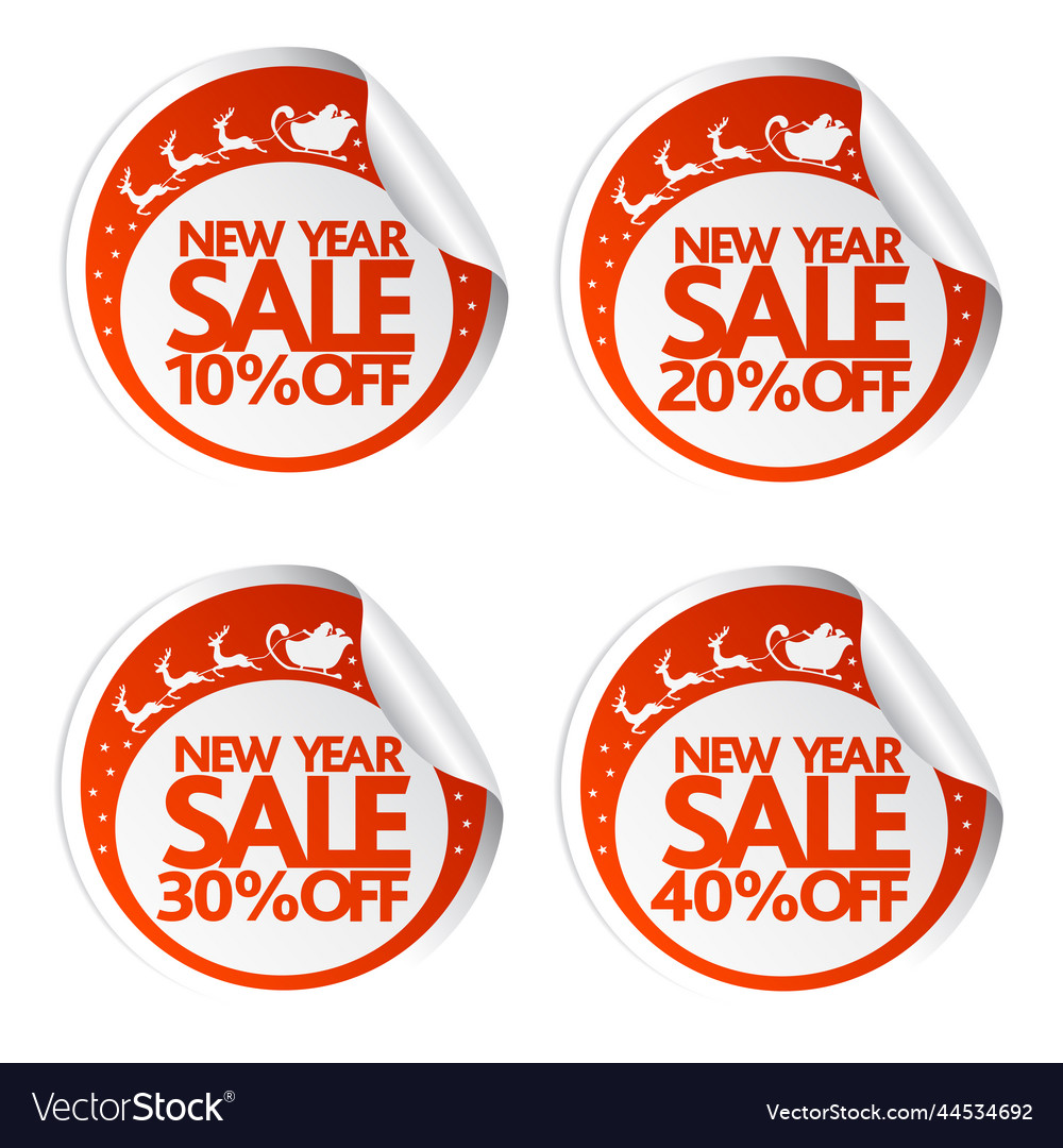 New year sale stickers 10 20 30 40 with santa deer vector image New year sale stickers 10 20 30 40 with santa deer
