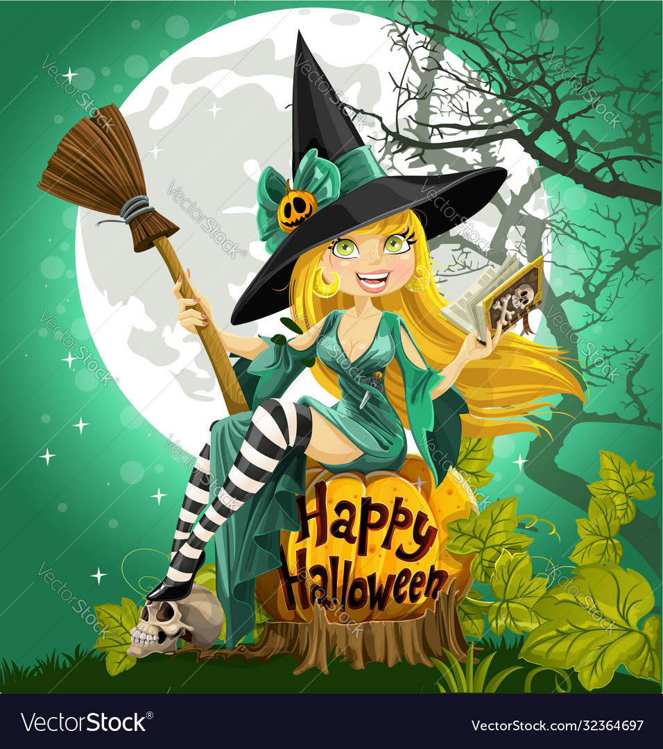 Beautiful young witch with a book and broom