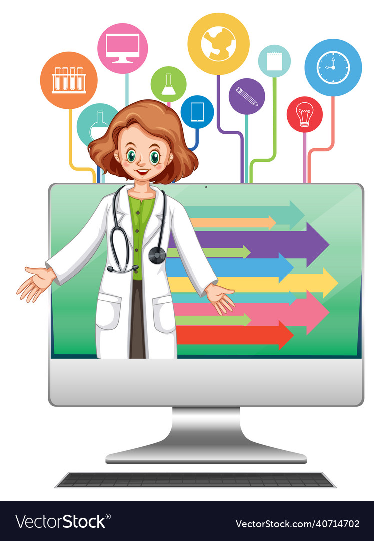 Computer with scientist kid cartoon vector image Computer with scientist kid cartoon