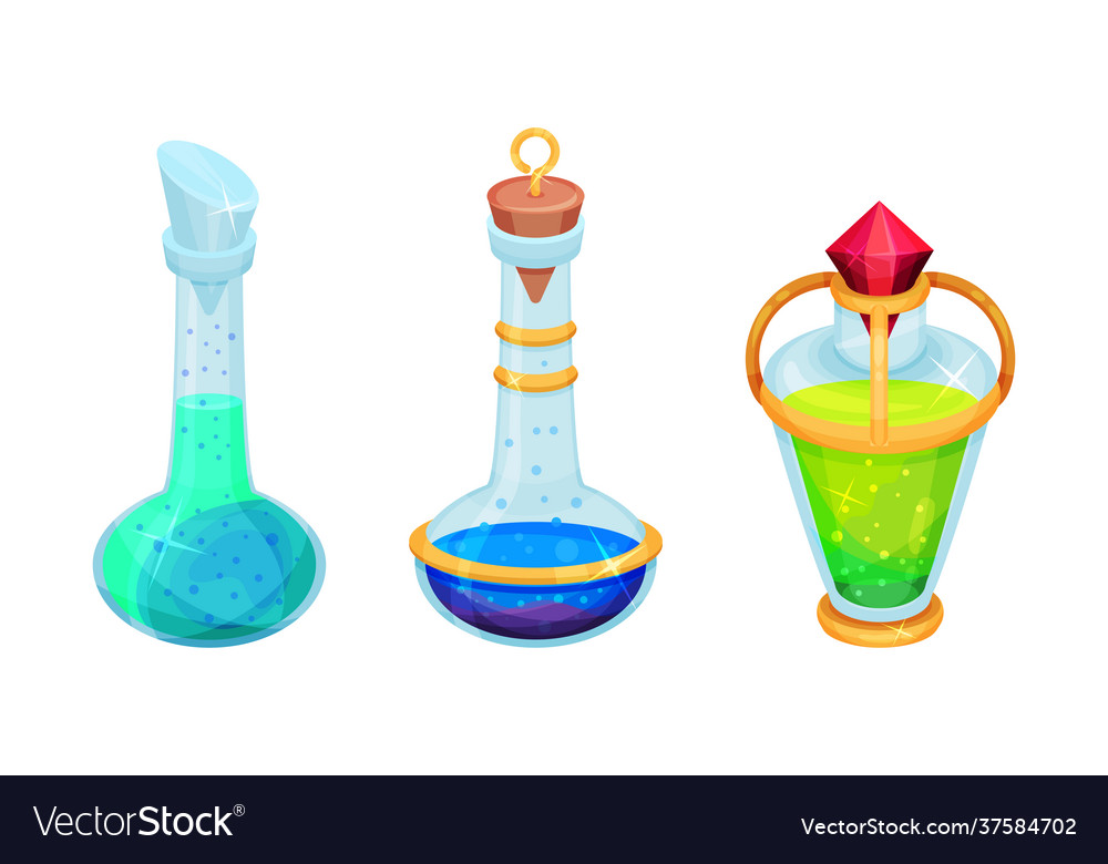 Corked glass jars with magic liquid potion vector image Corked glass jars with magic liquid potion