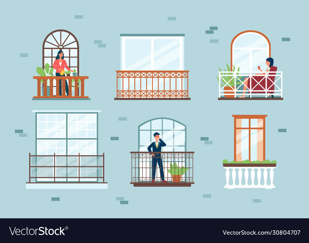 Apartment windows set with cartoon people Vector Image