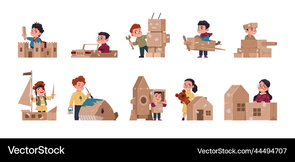 Kids playing boxes children building handmade Vector Image