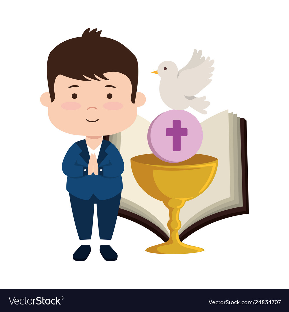 Little boy with bible and chalice first communion Vector Image