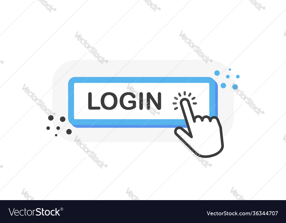 Login blue 3d button with hand pointer clicking vector image Login blue 3d button with hand pointer clicking