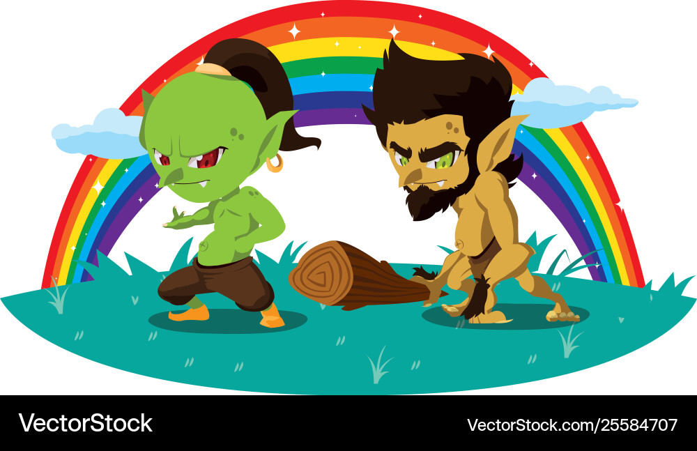 Ugly troll with caveman gnome and rainbow Vector Image