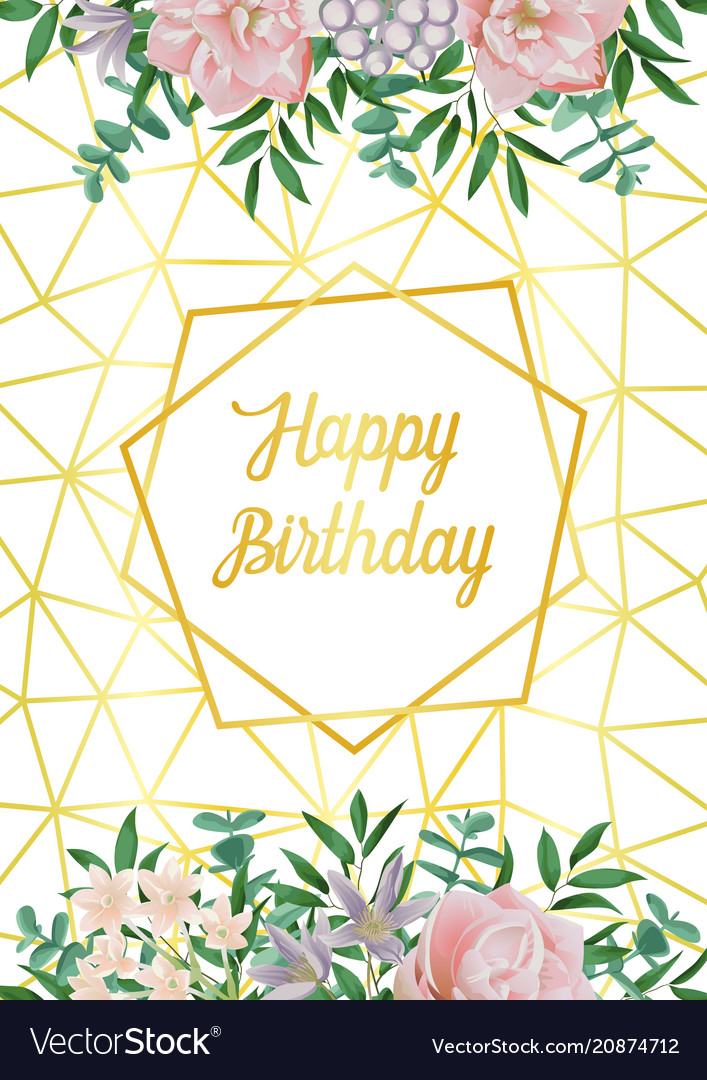 Happy birthday card with geometric frame flowers