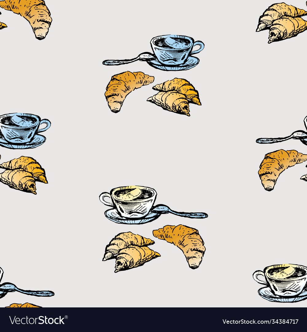 Seamless pattern sketches tea cups with lemon