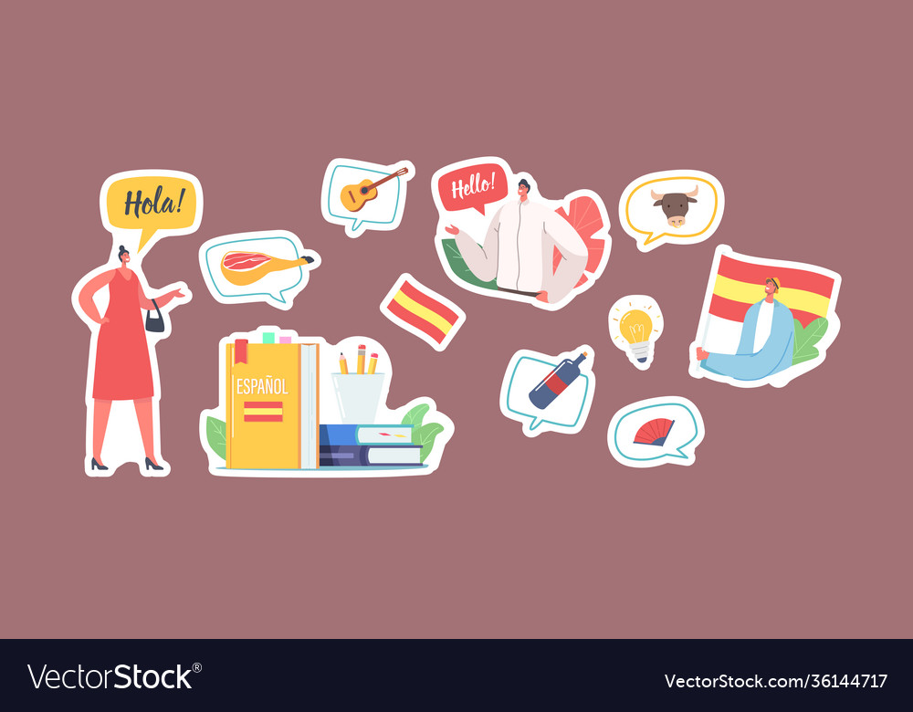 Set stickers characters learn spanish language vector image Set stickers characters learn spanish language