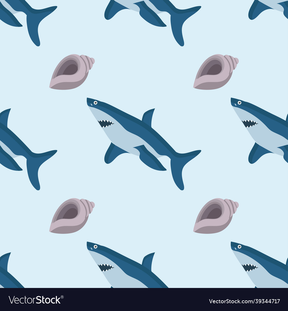 Shark and shell pattern on a blue background vector image Shark and shell pattern on a blue background