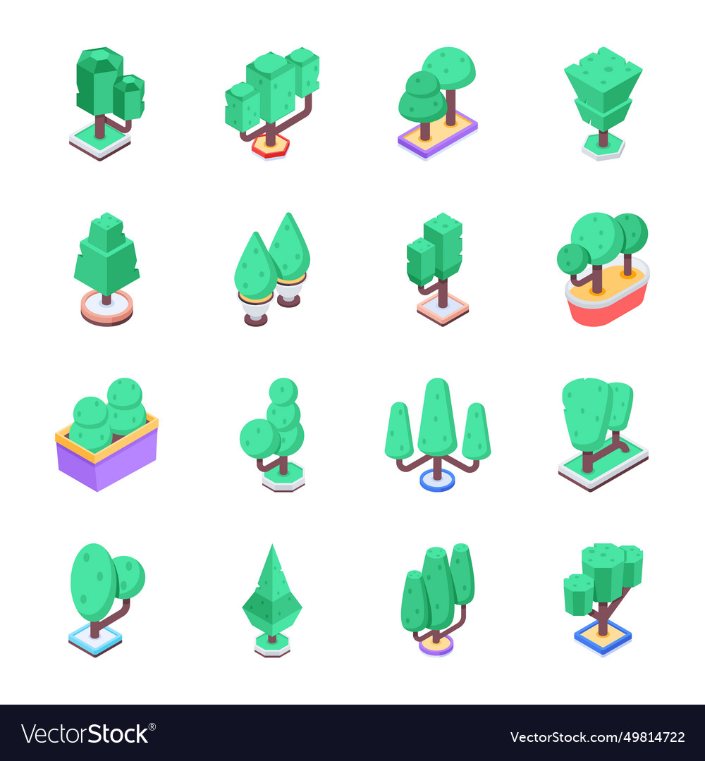 Bundle of gaming trees isometric icons Royalty Free Vector