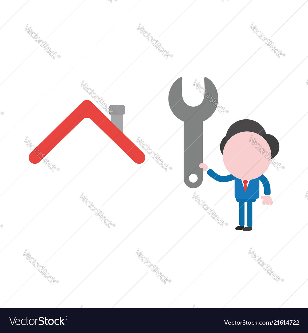 Businessman character holding spanner to house