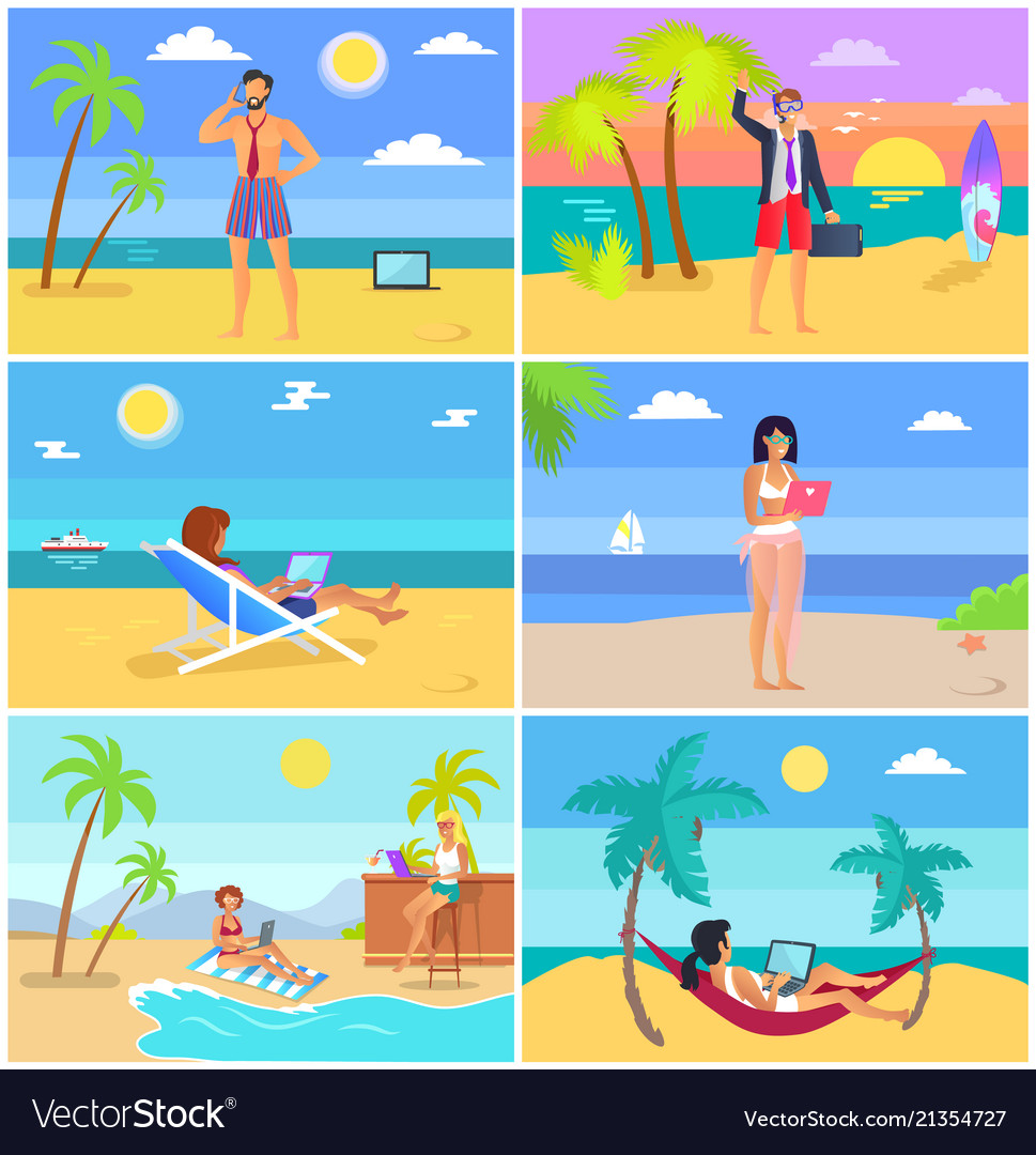 Business people on summer vacation posters set Vector Image