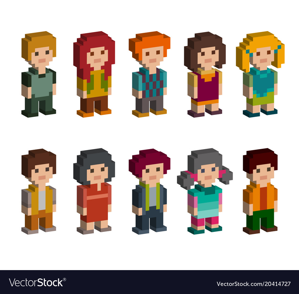 Different pixel 8-bit isometric characters Vector Image