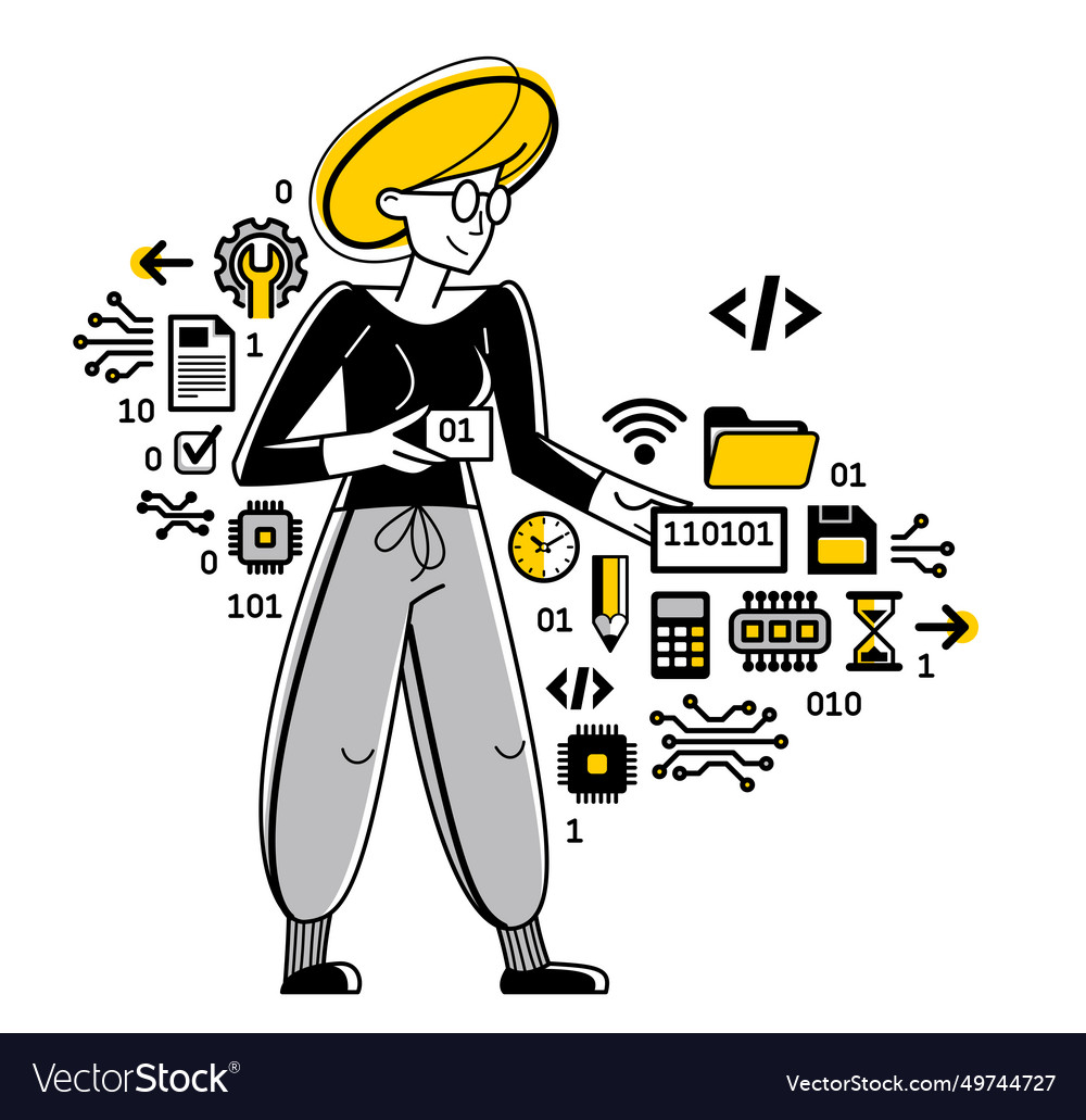 Programmer is coding and repairing some machine vector image Programmer is coding and repairing some machine