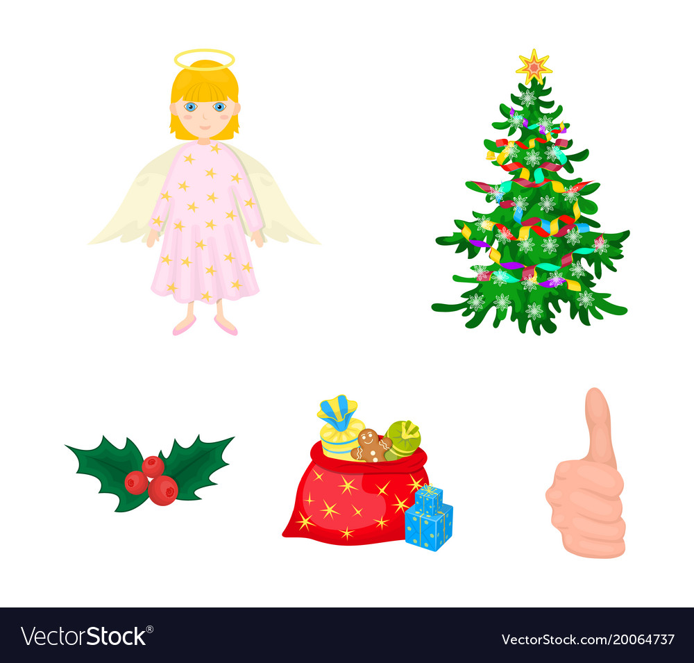 Christmas tree angel gifts and holly cartoon