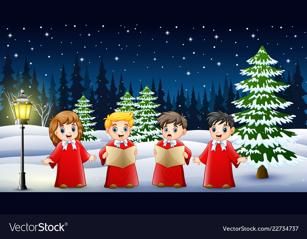 Happy kids wearing red costume singing in the snow