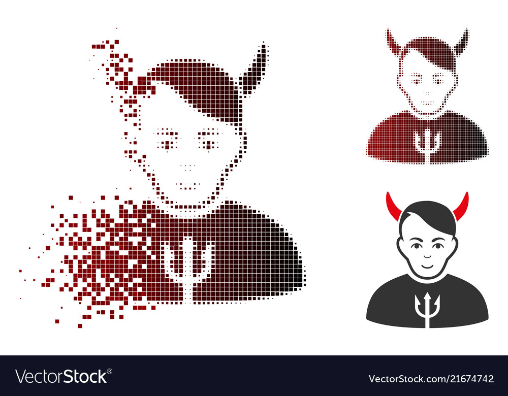 Dissolving pixelated halftone satan icon with face