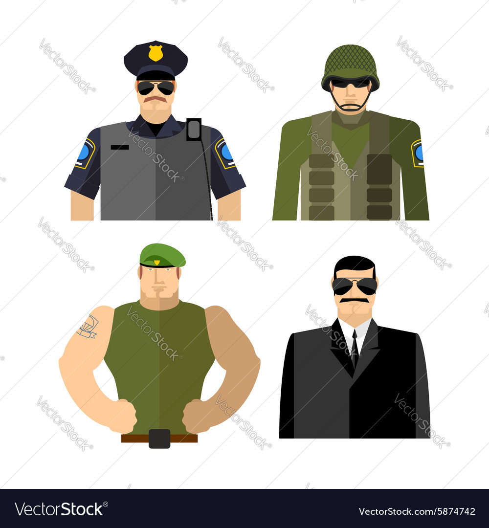 Set of men in work clothes police and military