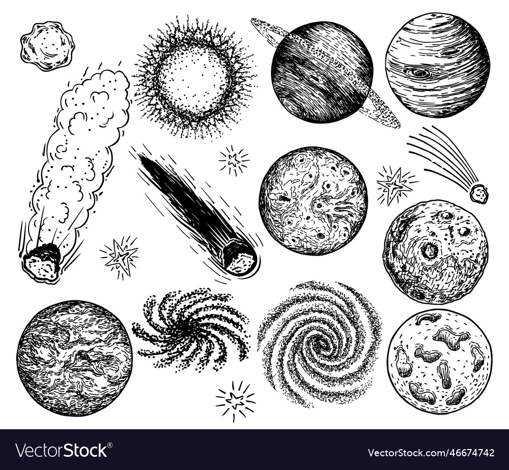 Sketch of space objects set collection comets Vector Image